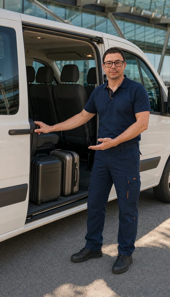 Voznik ob odprtih vratih minibusa za prevoz potnikov s prtljago